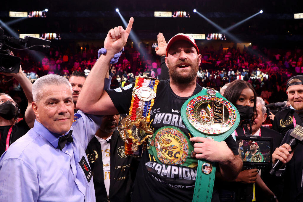 LAS VEGAS, NEVADA - OCTOBER 09: Tyson Fury celebrates his 11th round knock out win against Deontay Wilder after their WBC heavyweight title fight at T-Mobile Arena on October 09, 2021 in Las Vegas, Nevada. (Photo by Al Bello/Getty Images)