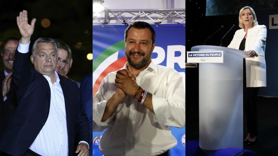 Zľava: Maďarský premiér Viktor Orbán (Fidesz), taliansky vicepremiér Matteo Salvini (Liga severu) a Marine Le Penová (Národné združenie).