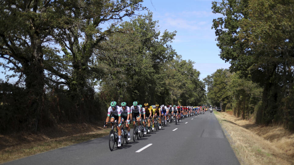 WA 34 Chauvigny - Cyklisti z tímu Bora-Hansgrohe vedú pelotón počas 12. etapy prestížnych cyklistických pretekov Tour de France (TdF) v  Chauvigny vo štvrtok 10. septembra 2020. Na cyklistov čakala najdlhšia etapa na TdF z Chauvigny do Sarran Corréze, ktorá merala 218 kilometrov. FOTO TASR/AP    

The pack rides during the stage 12 of the Tour de France cycling race over 218 kilometers from Chauvigny to Sarran, Thursday, Sept. 10, 2020. (AP Photo/Thibault Camus)