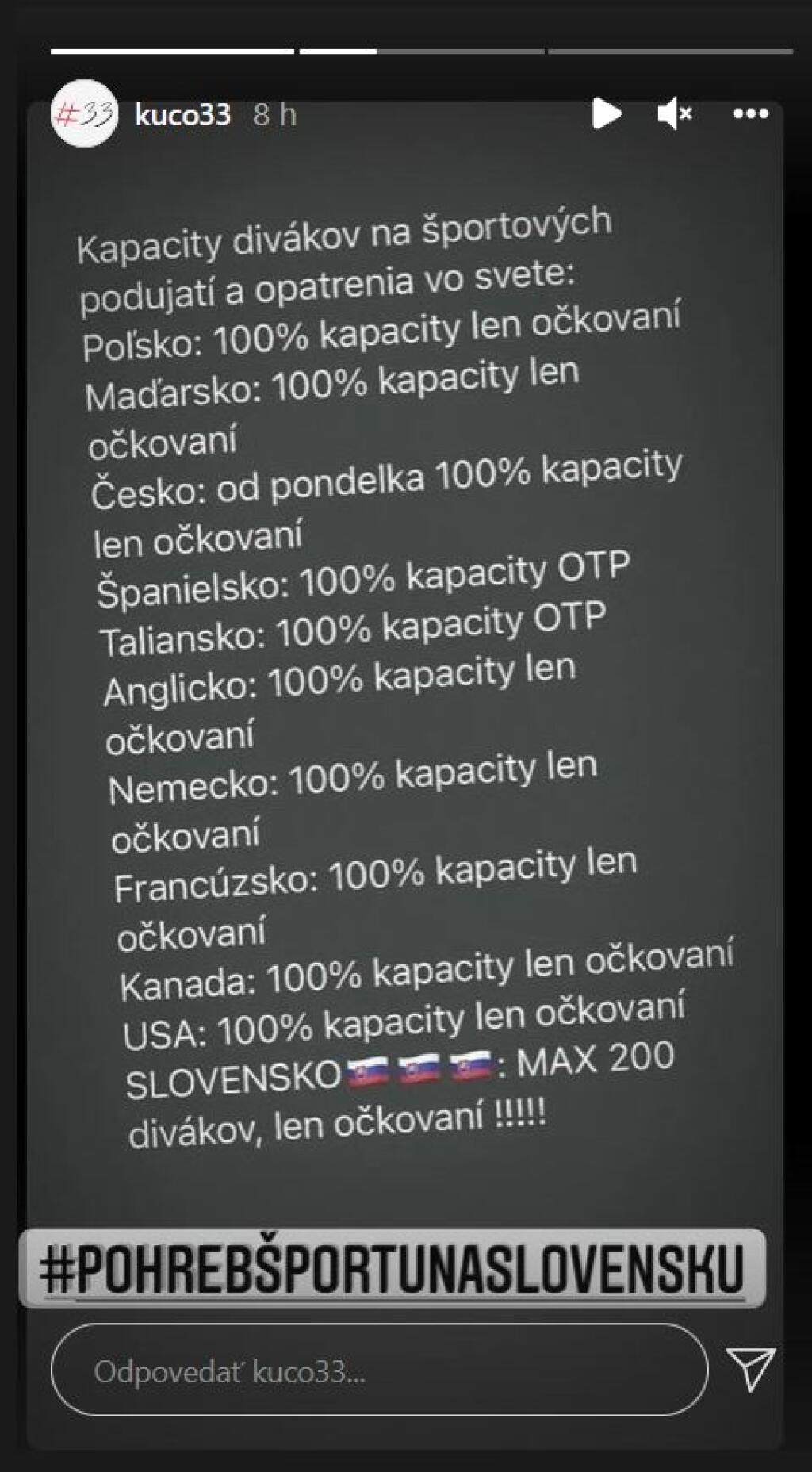 Na sociálnych sieťach sa k opatreniam vyjadrili aj športové hviezdy. Viacerí z nich zdieľali opatrenia na štadiónoch v zahraničí v porovnaní s najnovšími opatreniami na Slovensku a pridali hashtag #pohrebšportunaslovensku.