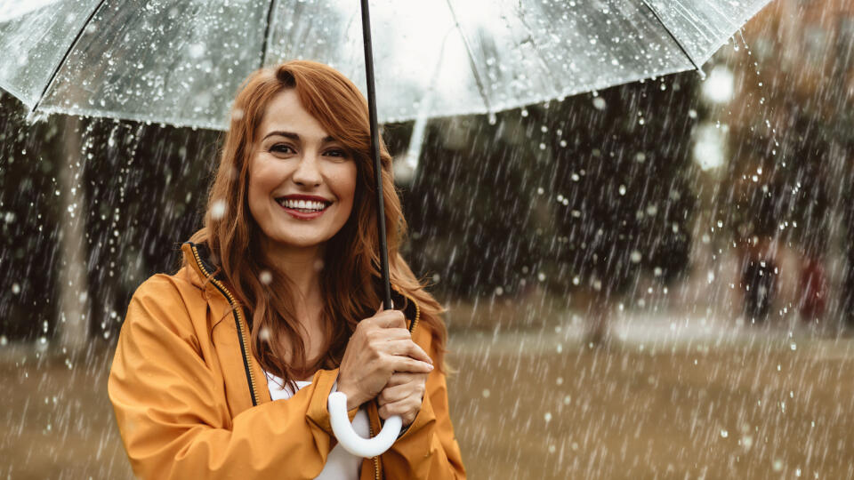 Waist,Up,Portrait,Of,Laughing,Pretty,Woman,Holding,Umbrella,Outdoors.