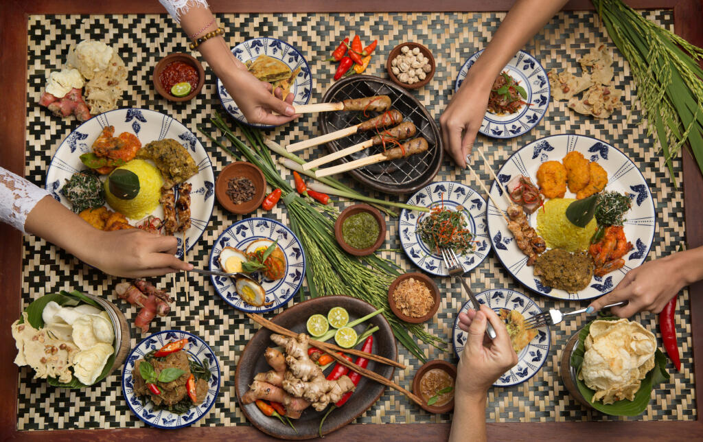 Many different indonesian food dishes. Various indonesian bali food