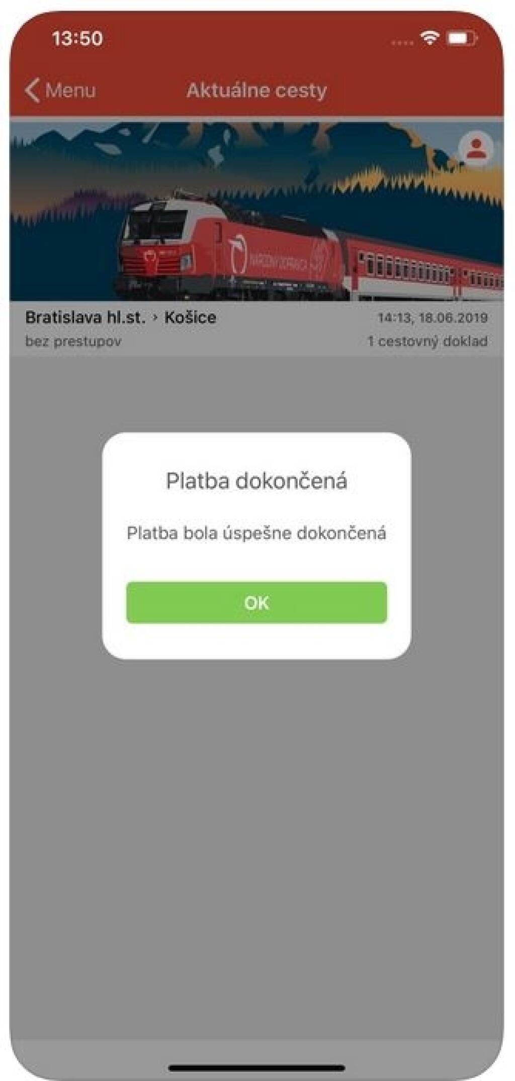 Mobilná aplikácia ZSSK: Platba