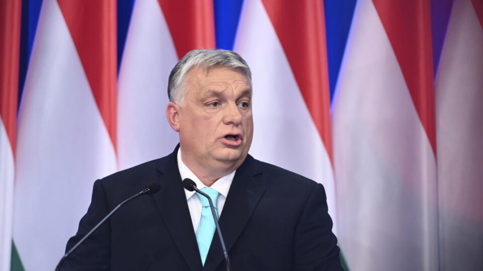 KK43 Budapešť - Maďarský premiér Viktor Orbán vystupuje s každoročným prejavom o stave krajiny 18. februára 2023 v Budapešti. FOTO TASR/AP
Hungarian Prime Minister Viktor Orban speaks during a yearly State of the Nation address in Budapest, Hungary, Saturday, Feb. 18, 2023. (AP Photo/Denes Erdos)