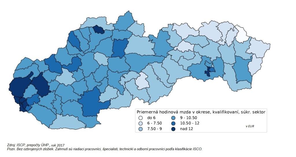Priemerná hodinová mzda kvalifikovaných pracovníkov v okrese (2017) - súkromný sektor
