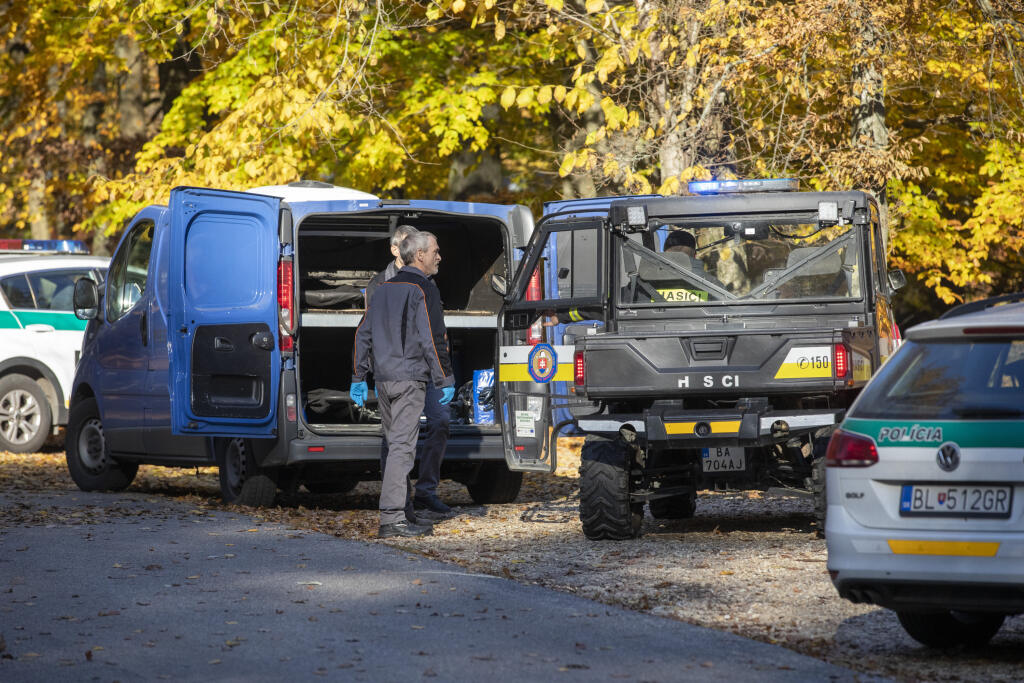 Na snímke hasiči a policajti vynášajú telo tragicky zosnulého hokejistu Dušana Pašek.