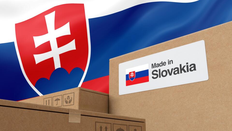 Made in Slovakia label, Carboard carton boxes with Slovak flag in the background - 3D Render