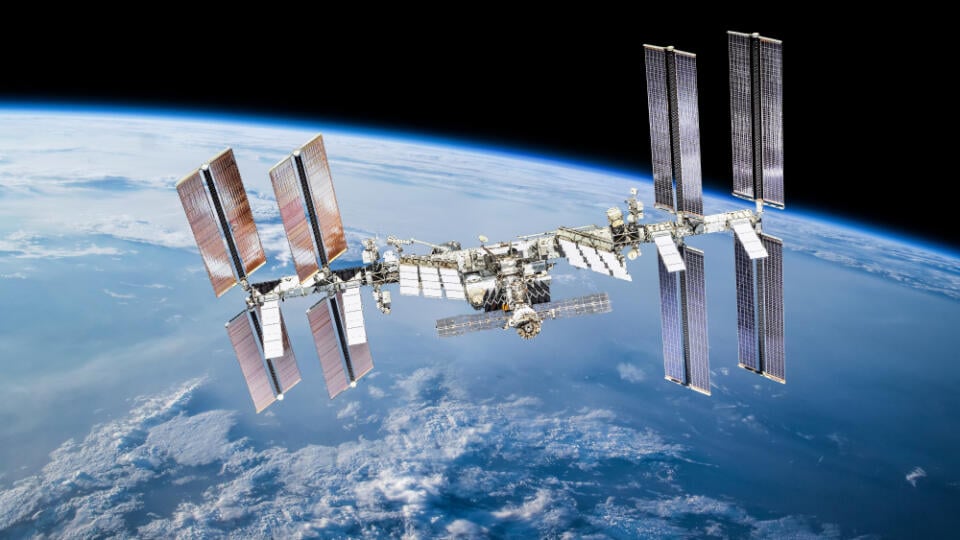 International,Space,Station,On,Orbit,Of,Earth,Planet.,Iss.,Dark