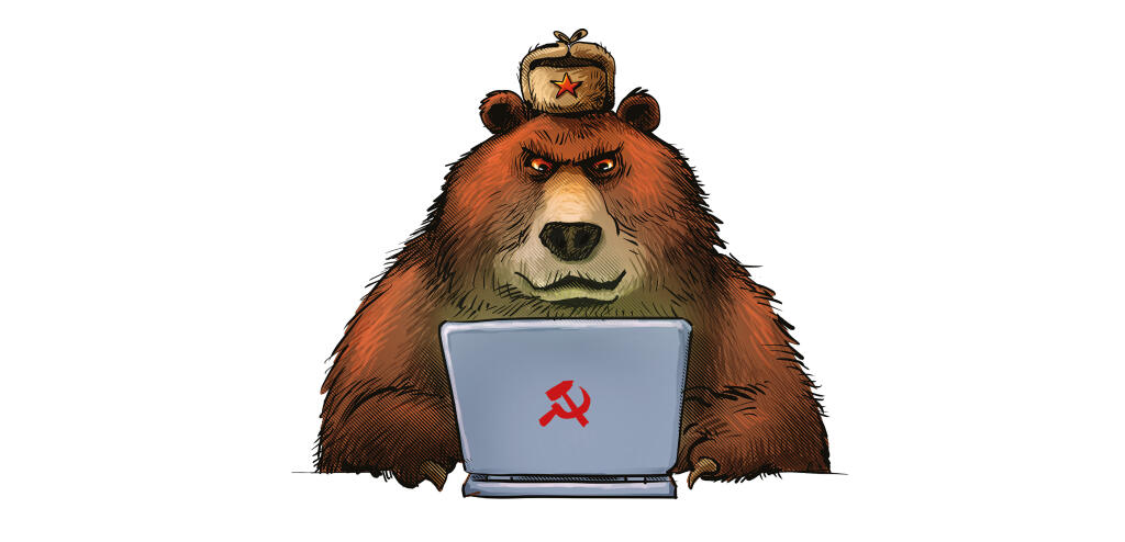 ilustracia, rusko,  medved, notebook, PC, internet, hybridna vojna