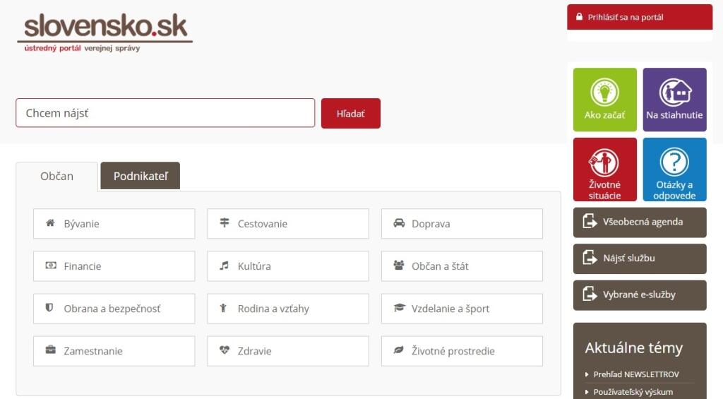 Úvodná stránka portálu www.slovensko.sk