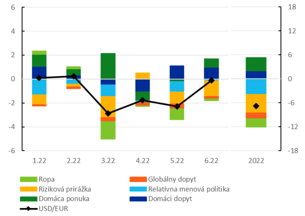 Rozklad vývoja kurzu eura (percentá, percentuálne body)