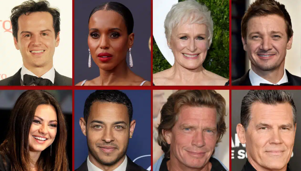 Zľava (horný rad): Andrew Scott, Kerry Washington, Glenn Close a Jeremy Renner. Zľava (dlný rad): Mila Kunis, Daryl McCormack, Thomas Haden Church a Josh Brolin.