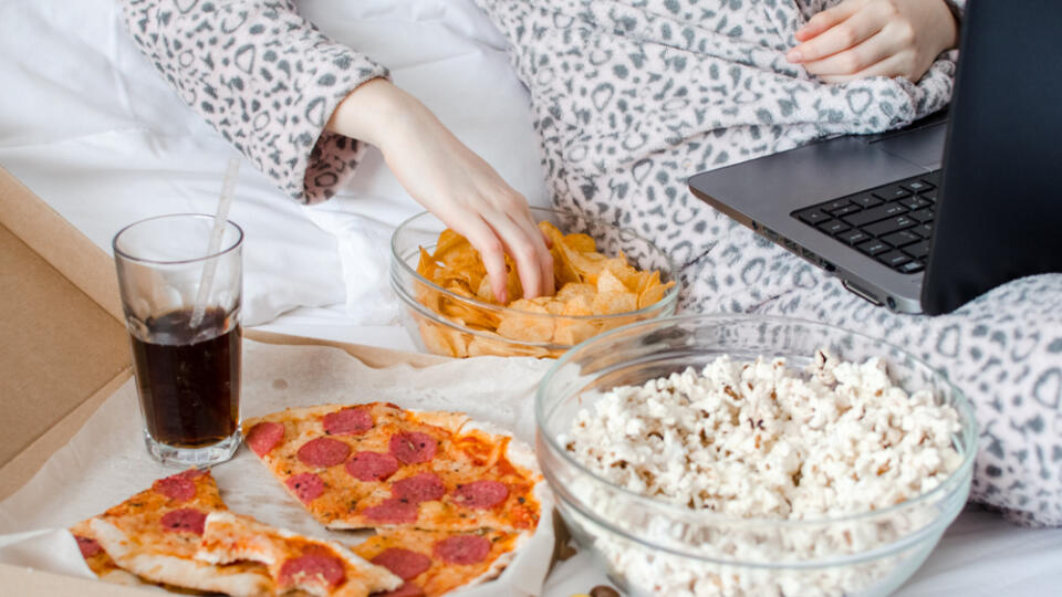 Unrecognized,Woman,Eating,Unhealthy,Food,And,Crying.,Caucasian,Teenage,Girl