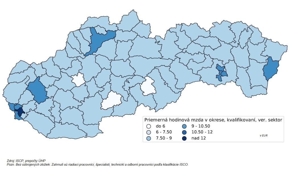 Priemerná hodinová mzda kvalifikovaných pracovníkov v okrese (2017) - verejný sektor