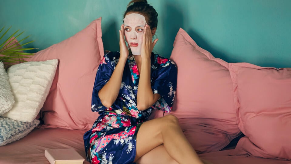 Beautiful,Young,Lady,In,A,Navy,Blue,Satin,Robe,,Sitting