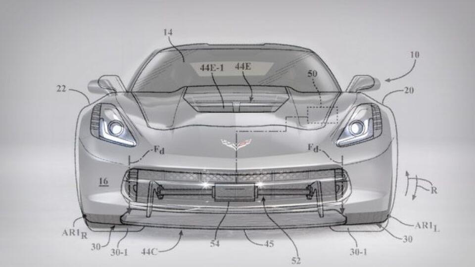 Patentové obrázky aktívnej aerodynamiky Corvette C7