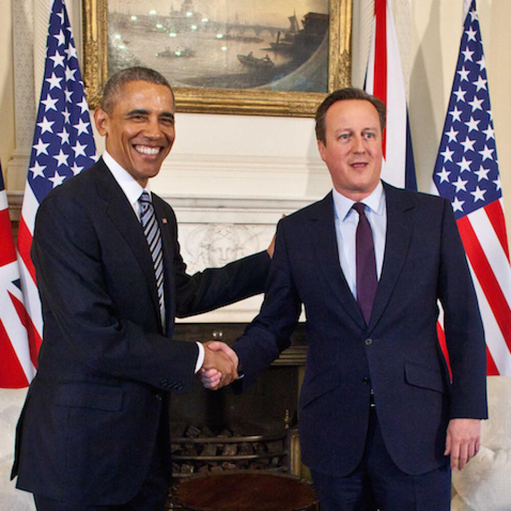 Britain's Prime Minister David Cameron, right, shakes hands with US President Barack Obama, during the president's visit to 10 Downing Street for bilateral talks, in London, Friday, April 22, 2016. Lending political backup to a struggling friend, President Barack Obama made an impassioned plea to Britons to heed Prime Minister David Cameron's call to stay in the European Union and dismissed critics who accused the U.S. president of meddling in British affairs. (Ben Gurr/Pool Photo via AP)