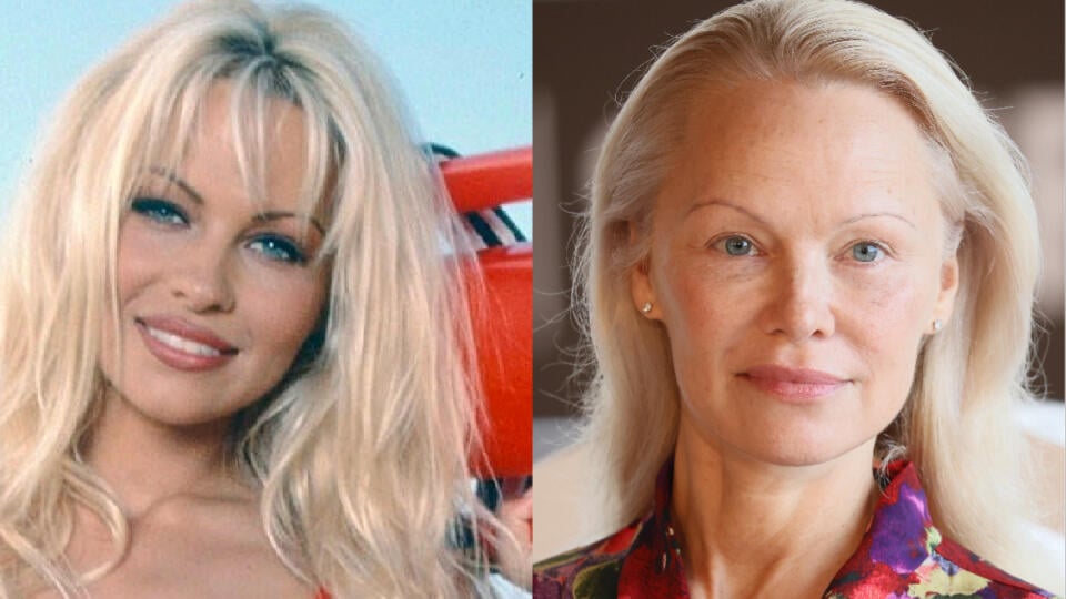 Pamela Anderson ako hviezda Baywatch a dnes.