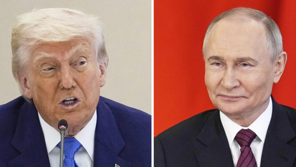 WA 55 - Na kombosnímke americký prezident Donald Trump (vľavo) vystupuje v Abú Zabí 16. mája 2025. Vpravo ruský prezident Vladimir Putin tlieska počas podpisu zmluvy v Kremli. Ruský prezident Vladimir Putin počas telefonického rozhovoru s americkým prezidentom Donaldom Trumpom vyhlásil vo štvrtok 3. júla 2025, že Moskva neupustí od svojich cieľov na Ukrajine, ale stále má záujem o urovnanie konfliktu prostredníctvom diplomacie. O podrobnostiach telefonátu informoval poradca ruského prezidenta Ju