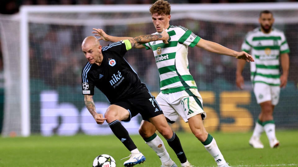 GLASGOW, SCOTLAND - SEPTEMBER 18: Vladimir Weiss of SK Slovan Bratislava is challenged by Arne Engels of Celtic during the UEFA Champions League 2024/25 League Phase MD1 match between Celtic FC and SK Slovan Bratislava at Celtic Park on September 18, 2024 in Glasgow, Scotland. (Photo by Ian MacNicol/Getty Images)