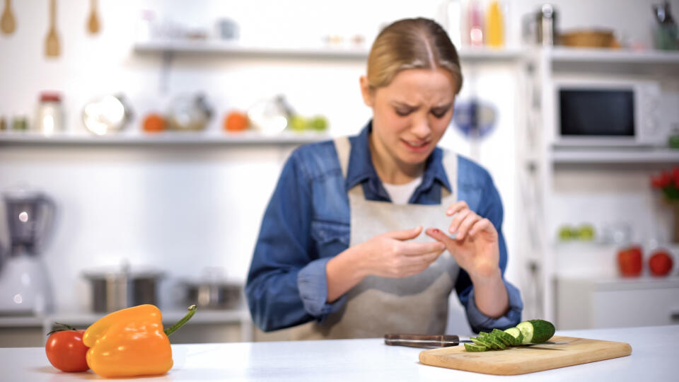 Female,Cut,Finger,While,Slicing,Cucumber,,Accident,In,Kitchen,,Household