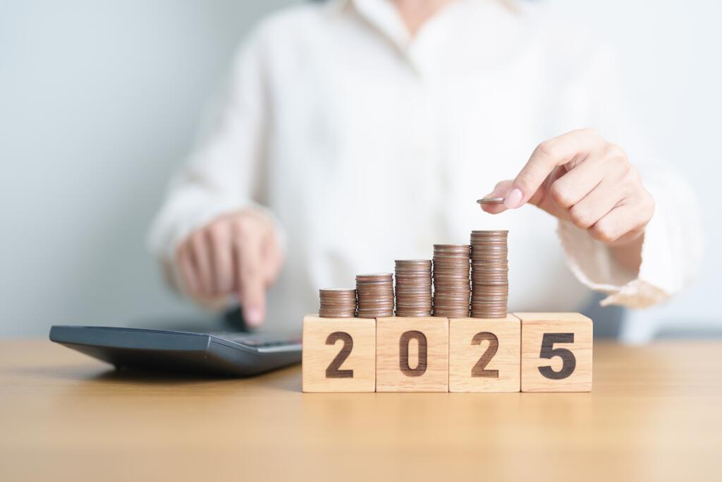Happy,New,Year,2025,With,Coins,Stack,And,Calculator.,Money,