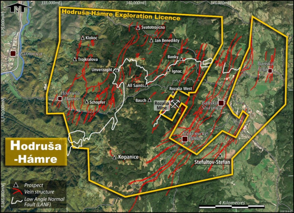 Mapa okolia Hodruše-Hámrov, v ktorom má austrálska spoločnosť Prospech Limited licenciu vykonávať geologický prieskum.