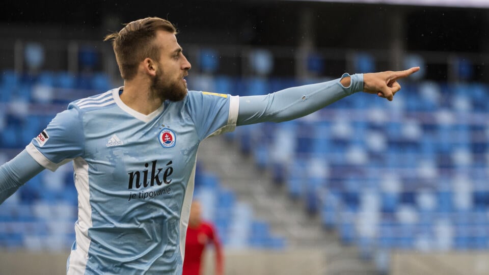 Na snímke Žan Medveď (Slovan) sa teší z gólu v zápase 10. kola Fortuna ligy vo futbale ŠK Slovan Bratislava - ŠKF Sereď v Bratislave 17. októbra 2020. FOTO TASR - Jaroslav Novák