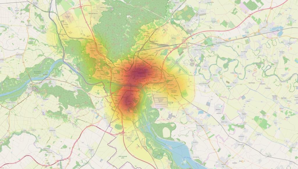 Mapa Bratislavy podľa hustoty osídlenia