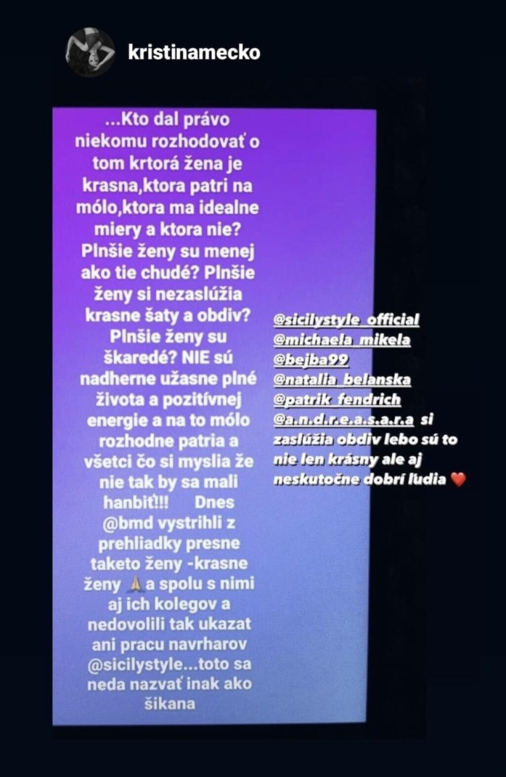 Aj herečka Kristína Mečko vyjadrila na sociálnej sieti znechutenie.