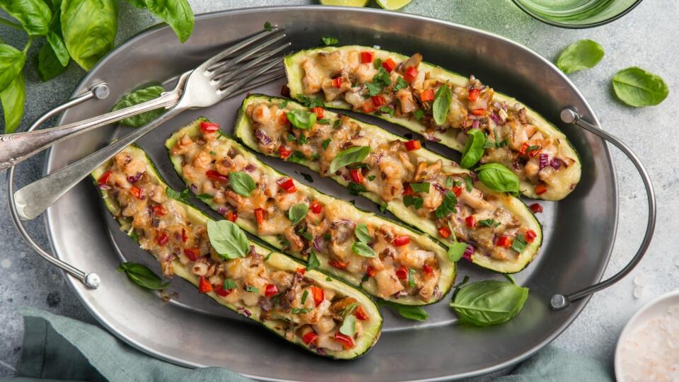 Stuffed,Zucchini,Boats,With,Vegetables,And,Cheese,,Top,View