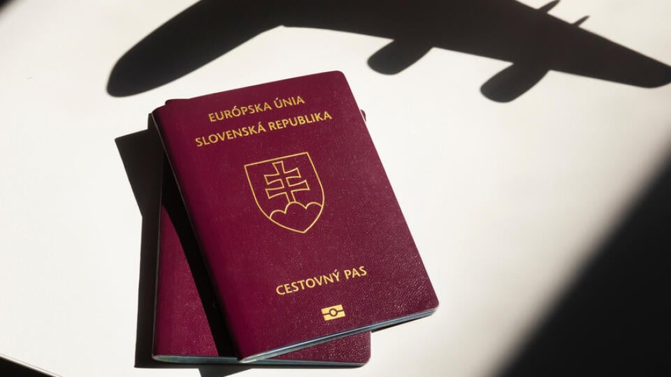 Slovak passport on the airport. Travelling by plane concept